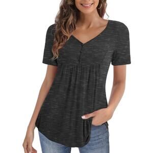 U. Vomade Women's V Neck Buttoned Pleated Flared Top Grey  NWT Size L
